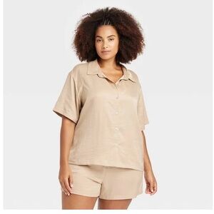 NWT Auden Women's Satin Short Sleeve Notch Collar Top & Shorts Pajama Set Taupe